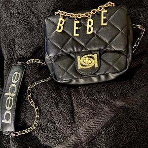 Bebe Liana Croc Small Satchel Black with Gold Hardware and Chain Crossbody